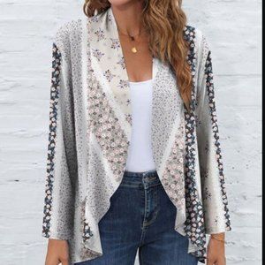 Pink & Light Gray Floral Open Cardigan